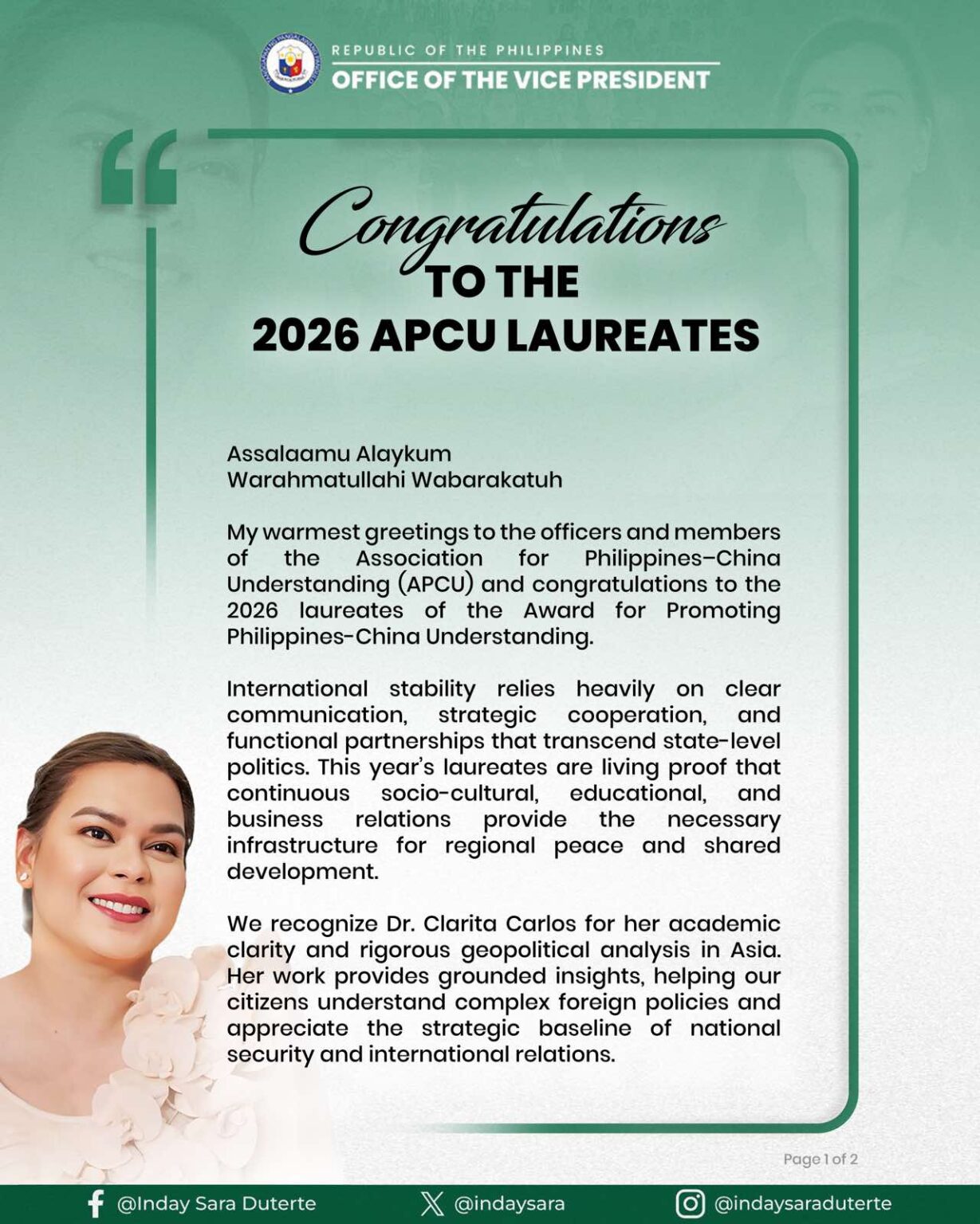 Vice President Sara Duterte's Message to the 2026 APCU Laureates - The ...